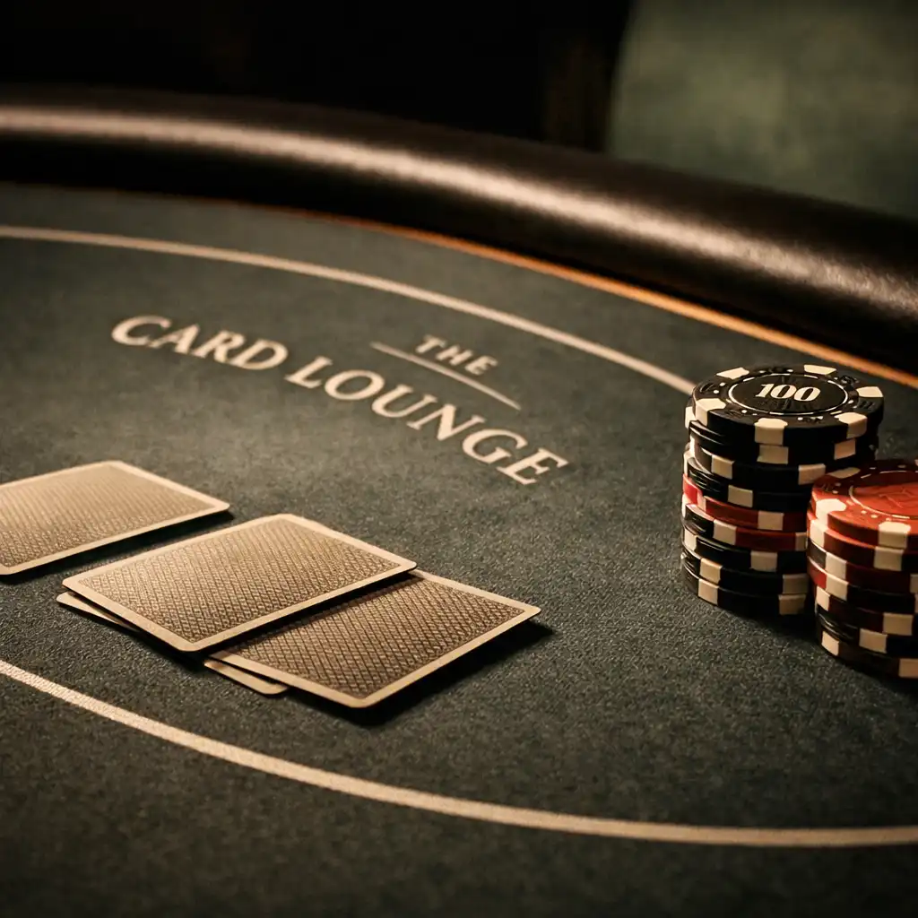 Close-up of a premium poker table in the Card Lounge showing felt, face-down cards, and a stack of professional chips