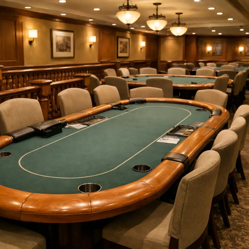 Interior view of the Card Lounge showing a row of poker tables with chairs, warm wood railings, and soft overhead lighting