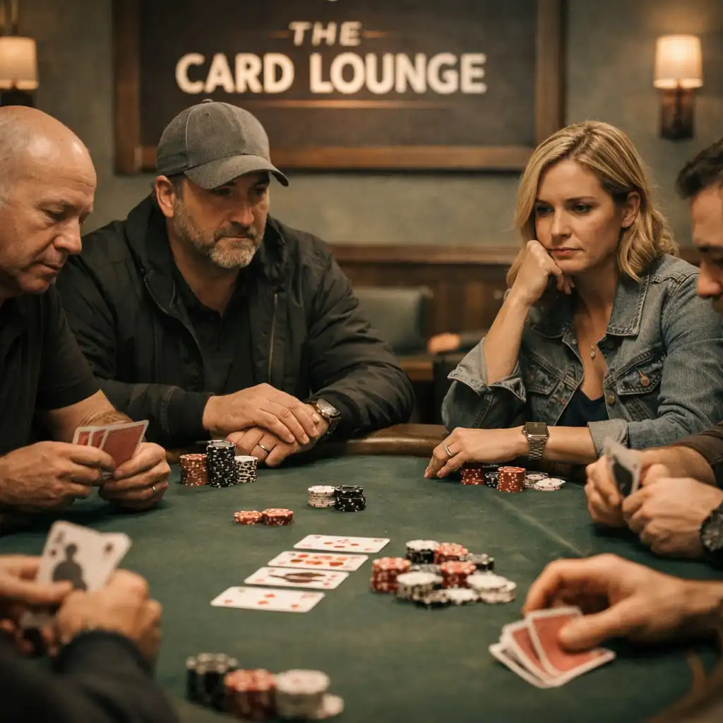 Serious poker players seated around a physical poker table in the Card Lounge