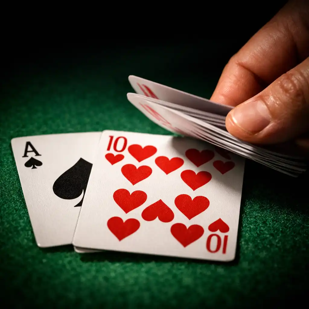 Physical playing cards being dealt onto green felt