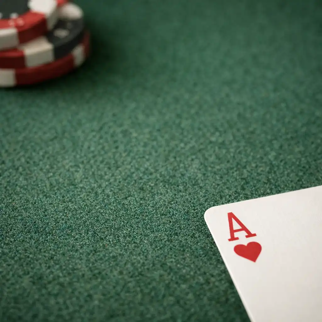 Close-up of professional poker felt with a playing card and chips at the edge