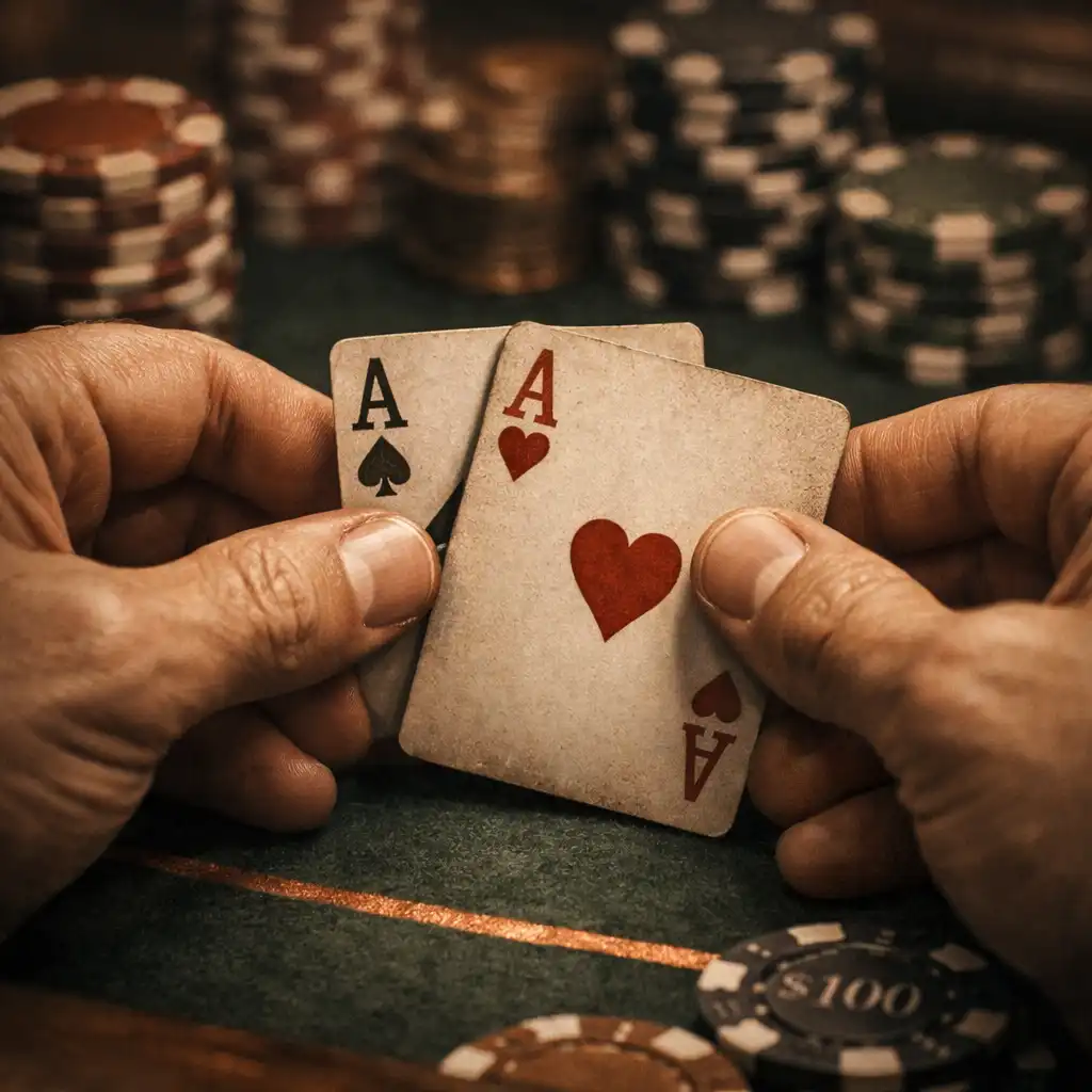 Close-up of hands holding physical poker cards over a professional poker table
