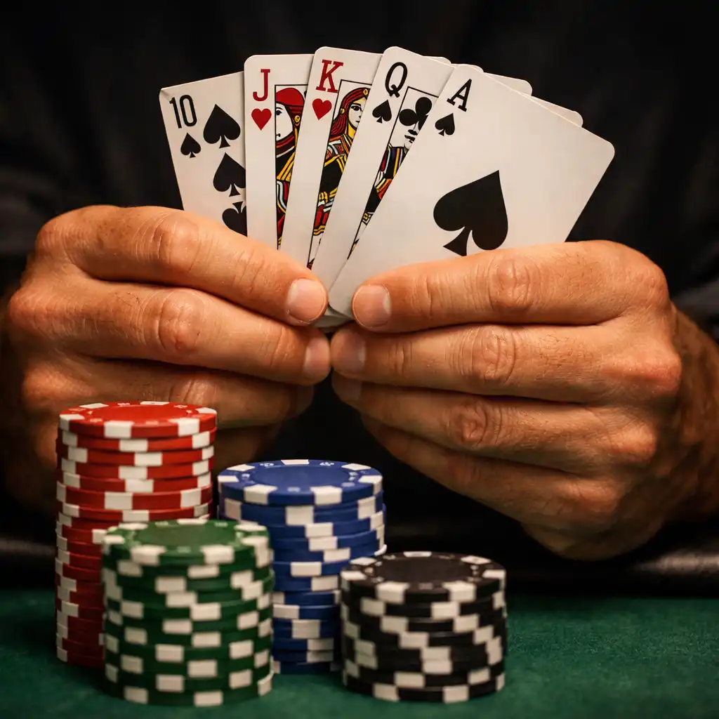 Player's hands holding a fan of playing cards with poker chips stacked nearby