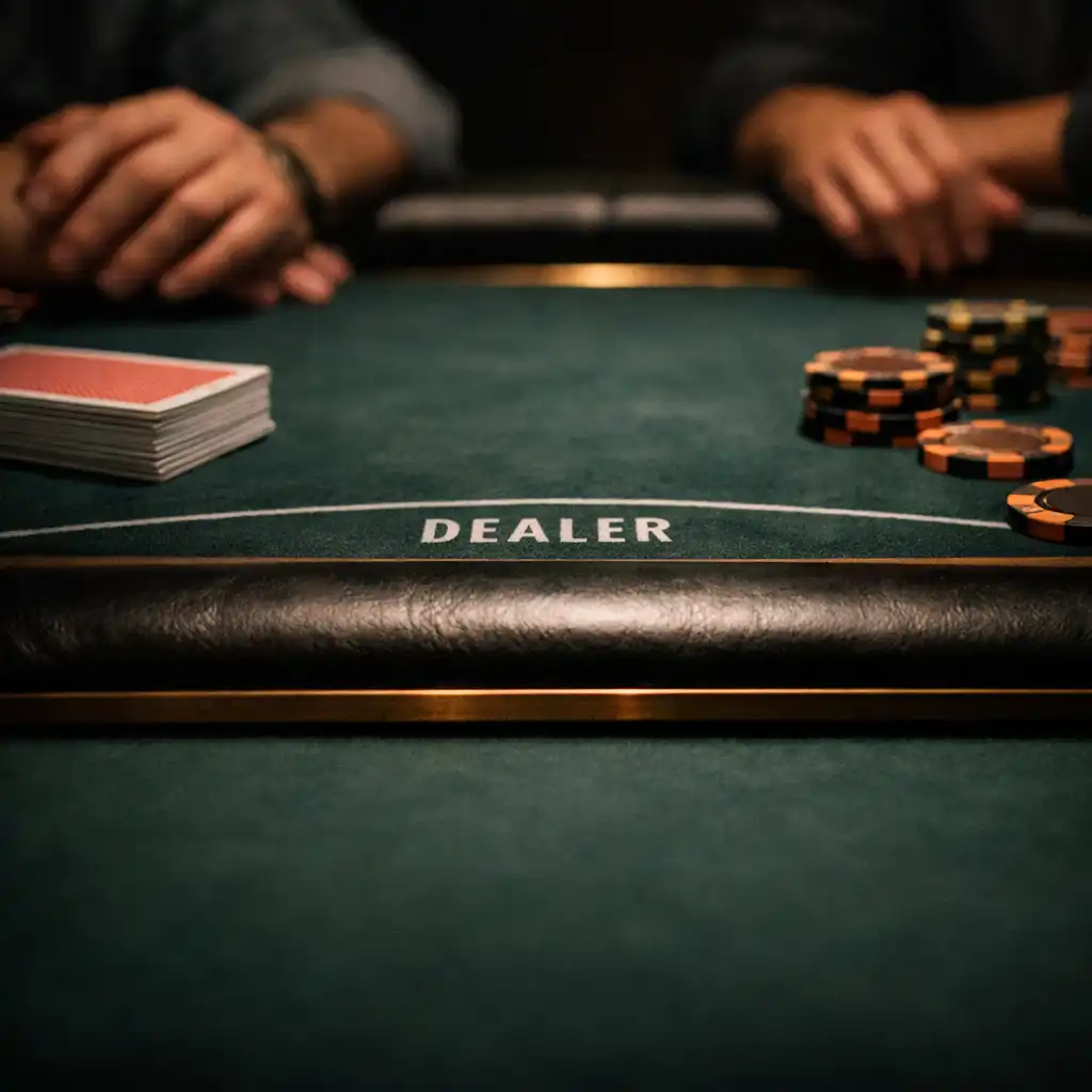 Close-up of a professional poker table with physical cards, chips, and players' hands resting on the rail
