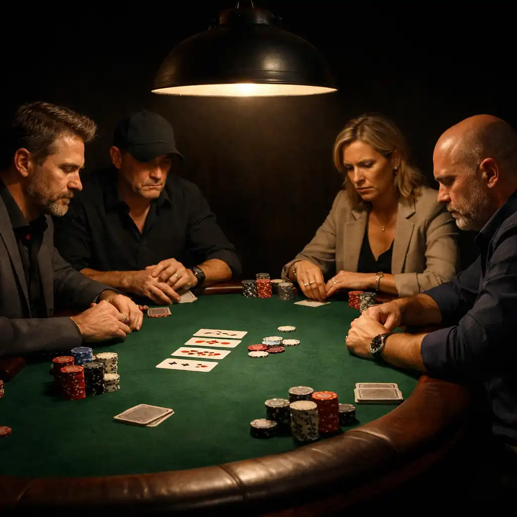 Serious poker players focused around a real poker table