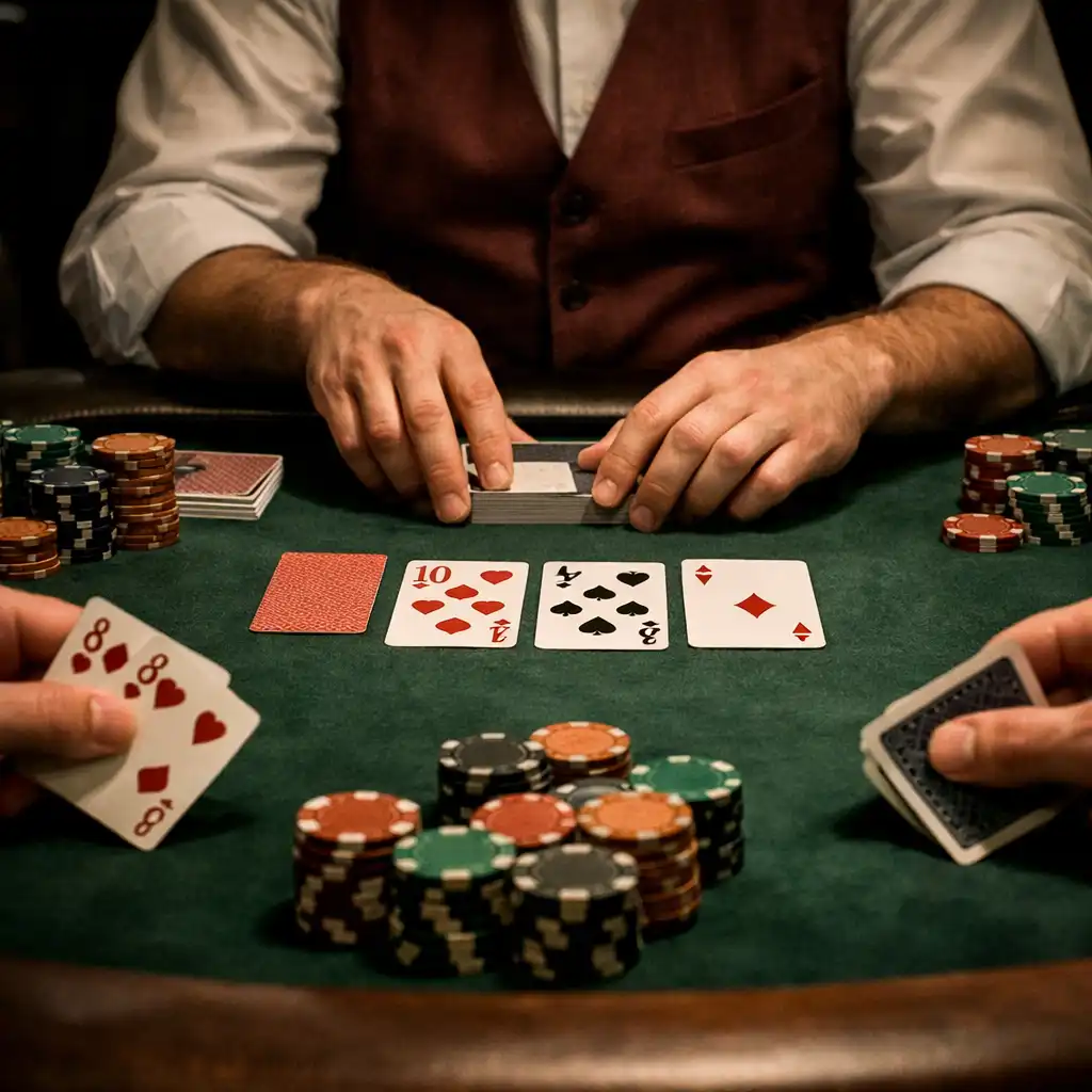 Close-up of a serious poker game at Poker Deck Barossa with hands, cards, and chips on a deep green felt table