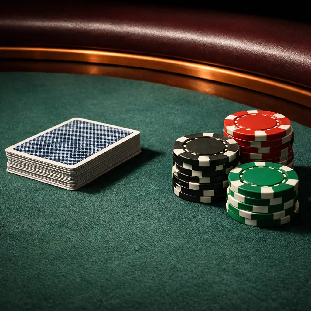 Close-up of a real poker table with deep eucalyptus felt, physical cards, and professional chips