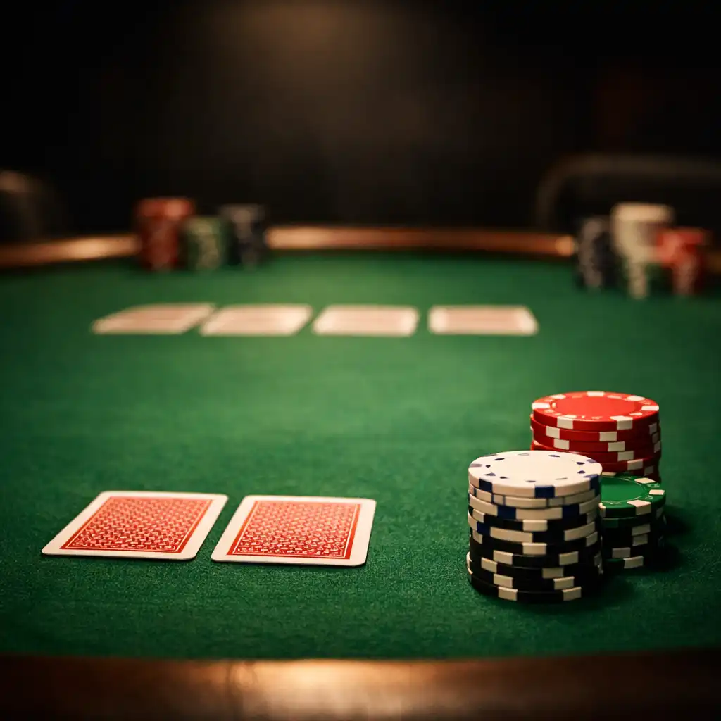 Player's perspective of a poker table with cards and chips