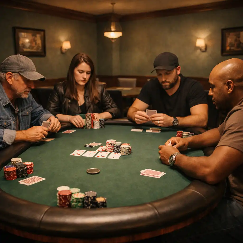 Wide view of a poker table in the Poker Room with players seated and focused