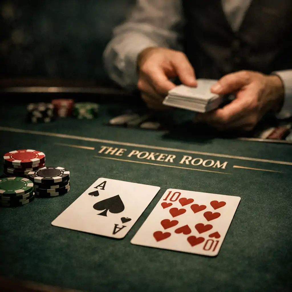 Close-up of a poker table in the Poker Room with professional-style felt and physical cards being dealt