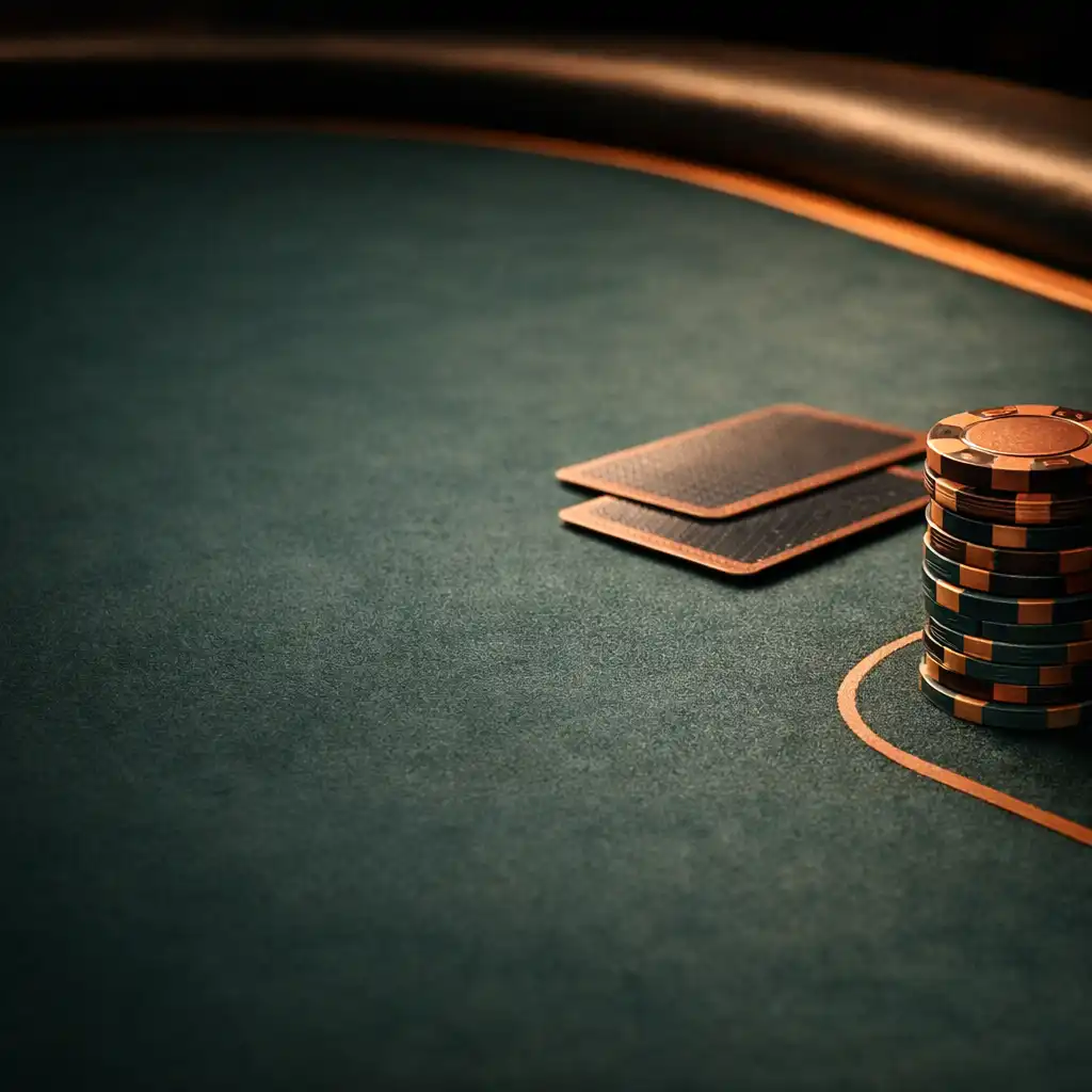 Close-up of a premium poker table with felt, cards and chips