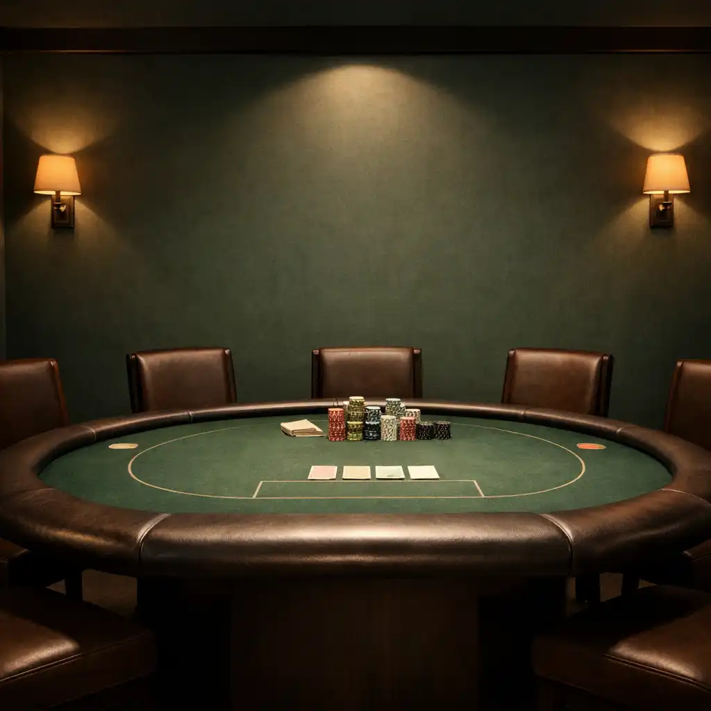 A wide shot of a private poker room with a real poker table and chairs, empty but ready for play