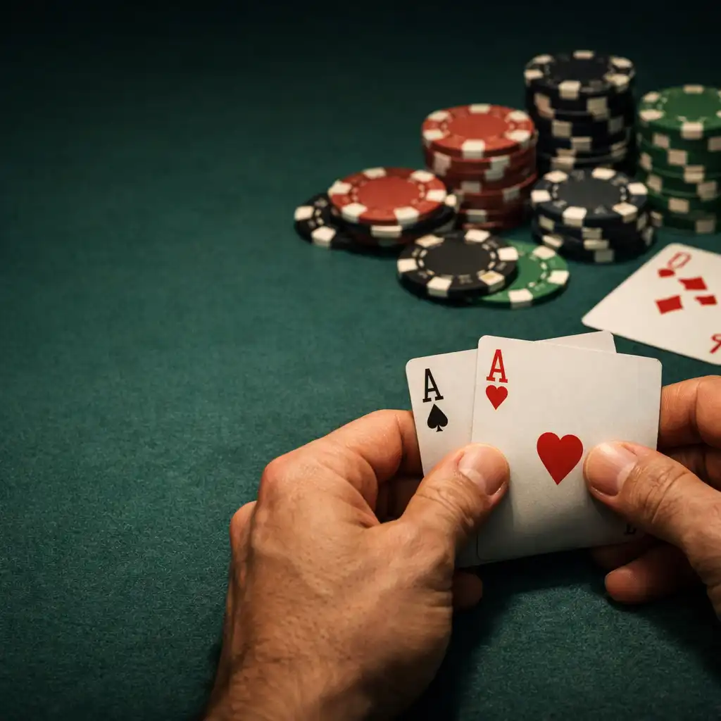Close-up of hands holding playing cards over a deep eucalyptus green felt poker table with professional chips