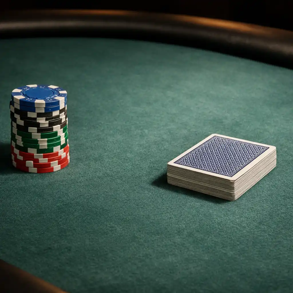 A real poker table with deep eucalyptus felt, a stack of professional chips, and a deck of cards