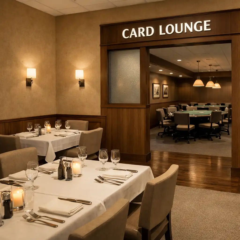 A small, well-appointed restaurant area adjacent to the Card Lounge with sandstone-warm walls and simple table settings